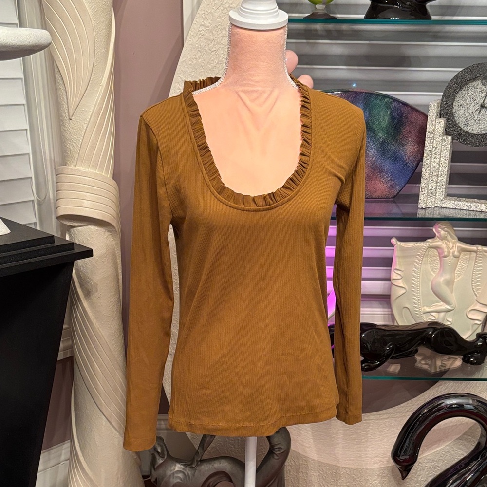 J. Crew Ribbed Long Sleeve Ruffle Scoop Neck Top - Camel